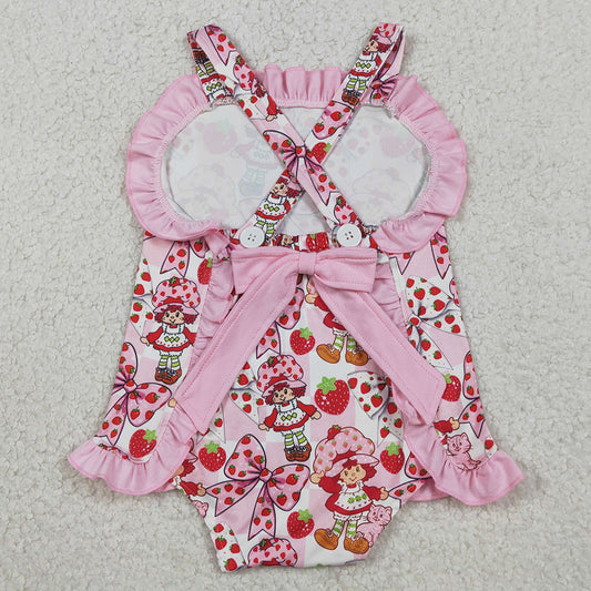 Baby Girls Rompers Strawberry Girls Strap Flowers Back Bow Ruffle Rompers SR3885