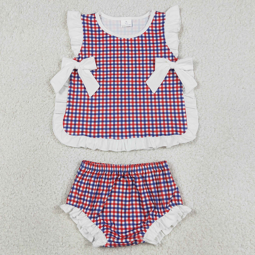 Baby Girls Clothes Red Checked Bows Tunic Bummies Clothes Sets GBO0527