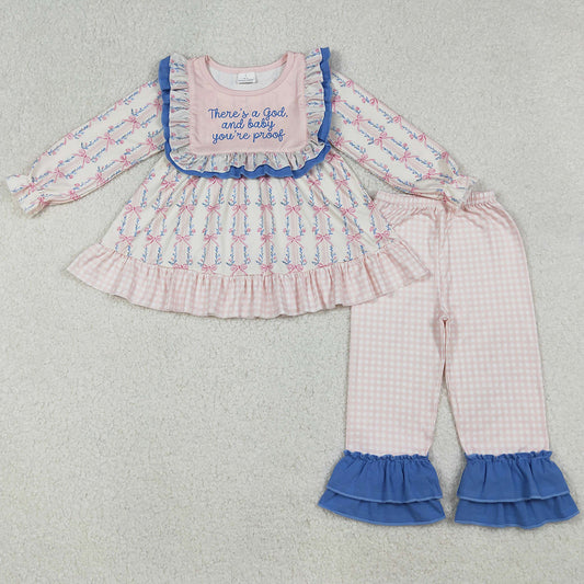 Baby Girls Clothes Long Sleeves Pink God Floral Stripe Tunic Ruffle Pants Set GLP2379 9.12