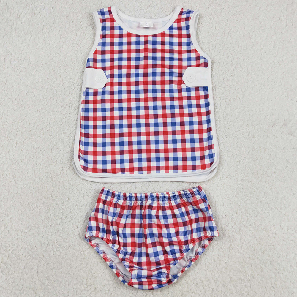 Baby Boys Clothes Red Blue Checked Top Bummies 4th of July Clothes Sets GBO0530