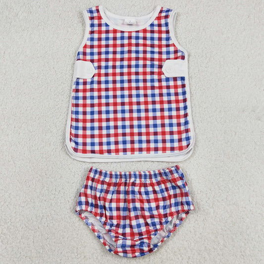 Baby Boys Clothes Red Blue Checked Top Bummies 4th of July Clothes Sets GBO0530
