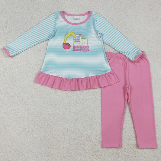 Baby Girls Clothes Blue Stripe Excavator Embroidery Tunic Pink Legging Pants Sets GLP2466 9.12