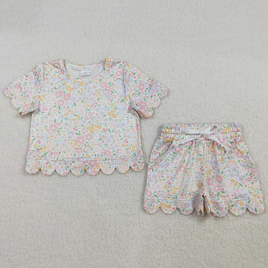 Baby Girls Clothes Short Sleeve Colorful Small Flowers Top Shorts Scallop Clothes Sets GSSO3273