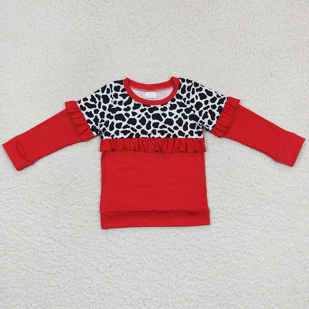 Baby Girls Clothes Red Cow Print Ruffle Long Sleeve Tops GT0295