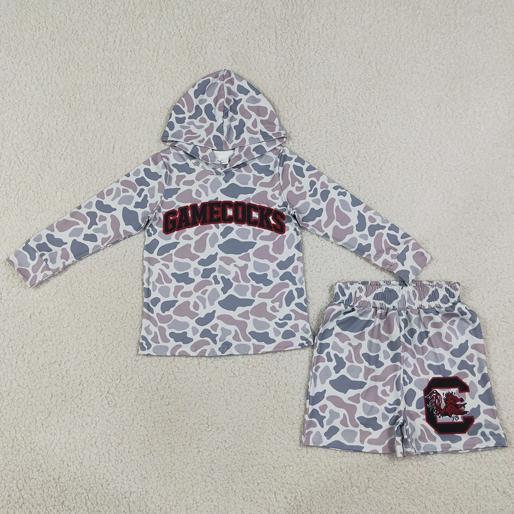 Baby Boys Clothes Grey Camo Gamecocks Long Sleeve Hoodie Short Team Clothes Set BLS0048