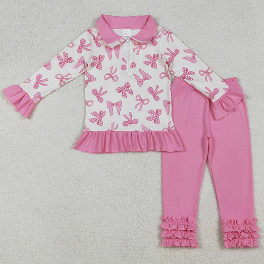 Baby Girls Clothes Pink Bows Zipper Pullover Ruffle Legging Pant Fall Clothes Sets GLP2778 9.20