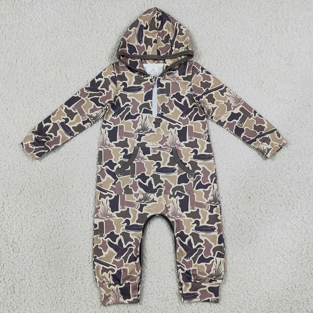 Baby Boys Rompers Grey Ducks Camo Hunting Zip Pockets Hoodie Pant Rompers LR3029