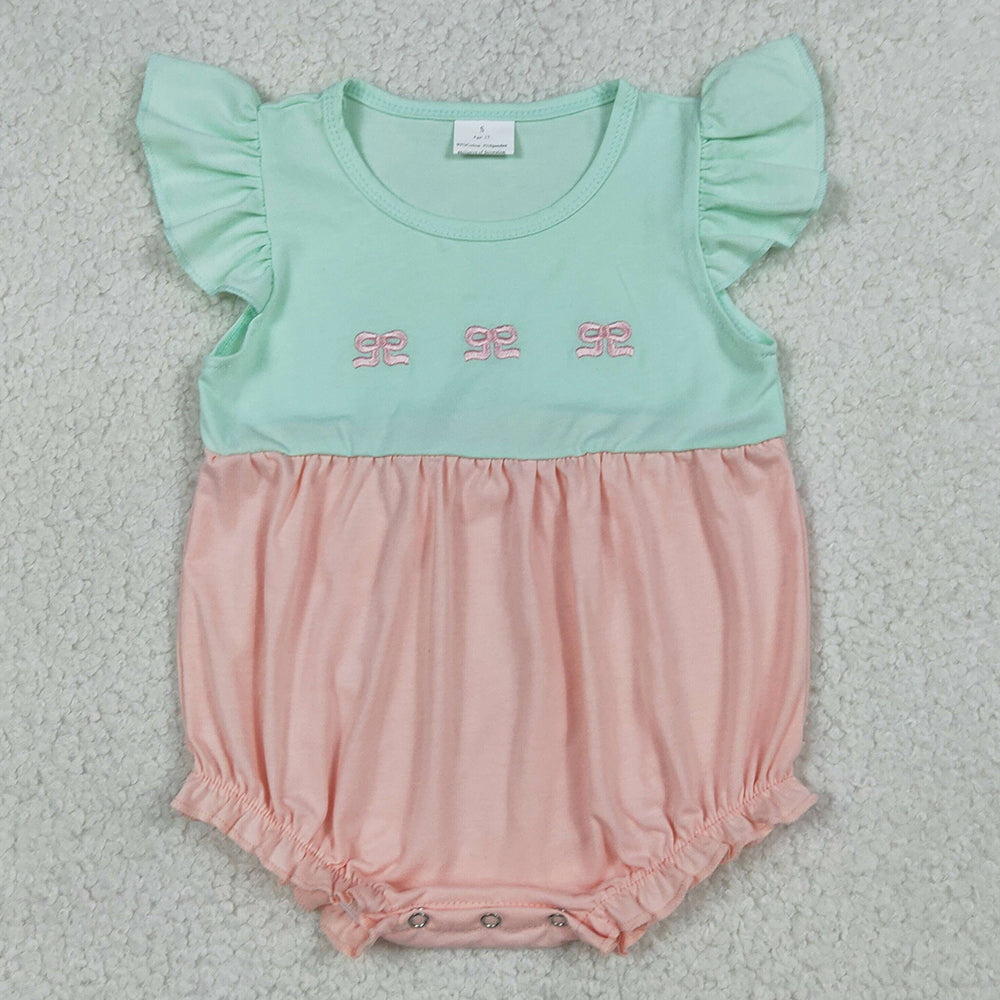 Baby Girls Rompers Embroidery Bows Flutter Sleeve Patchwork Ruffle Rompers SR3895