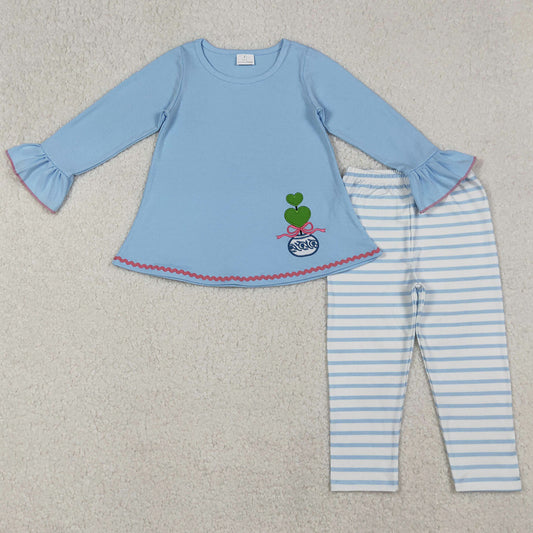 Baby Girls Clothes Blue Embroidery Bows Plants Tunic Stripe Legging Sets GLP2465 9.20