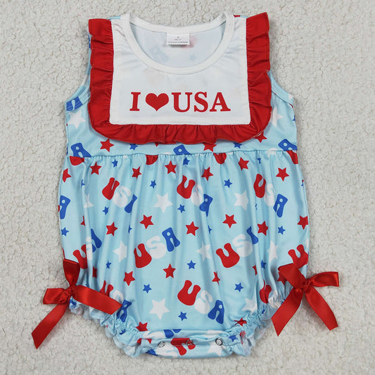 Baby Girls Rompers Sleeveless I Love USA Stars 4th of July Ruffle Rompers SR4154