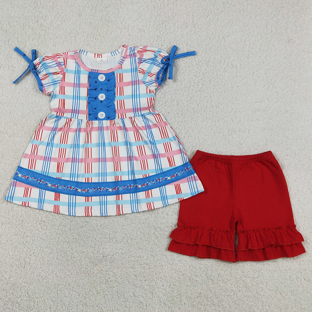Baby Girls Clothes Red Blue Checked Button Tunic Ruffle Shorts July 4th Clothes Sets GSSO2815