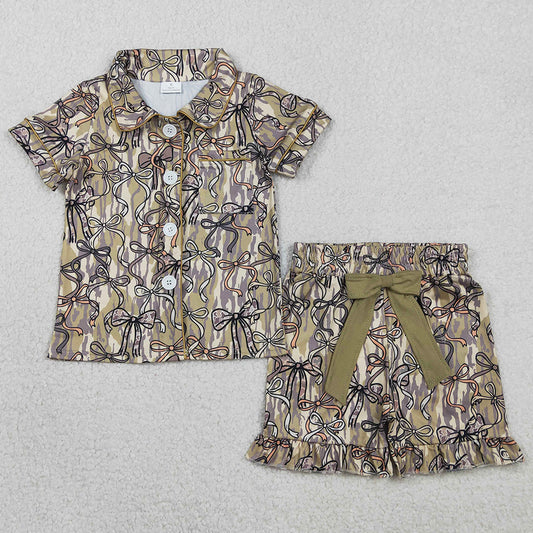 Baby Girls Pajamas Southern Olive Camo Bows Button Pocket Top Ruffle Shorts Pajamas Sets GSSO3126