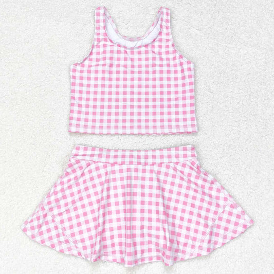 Baby Girls Swimsuits Summer Pink Checkered Top Skirts Clothes Sets GSD0992