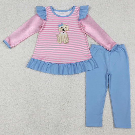 Baby Girls Clothes Embroidery Dog Pink Stripe Tunic Tops Blue Leggings Clothes Set GLP2725 10.1