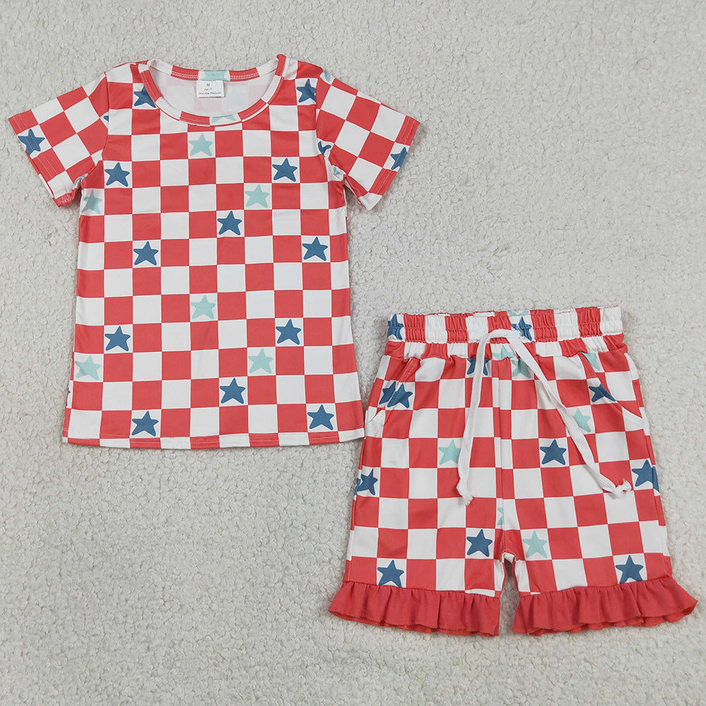 Baby Girls Clothes Red Checked Stars Top Pockets Ruffle Shorts 4th of July Clothes Sets GSSO3293