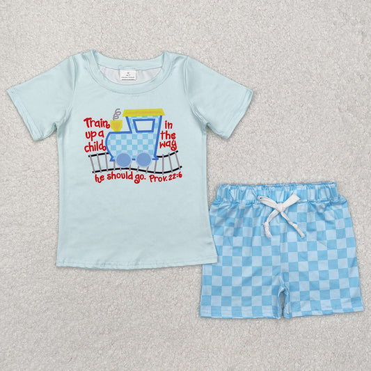 Baby Boys Clothes Blue Checkered Train Shirt Shorts Sets BSSO1128
