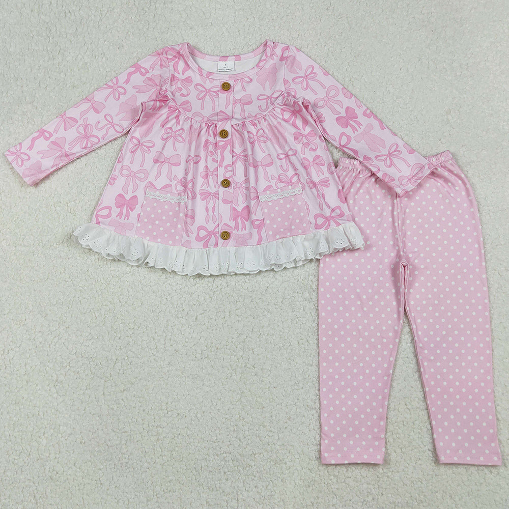 Baby Girls Clothes Pink Bows Plaid Button Pockets Ruffle Tunic Polka Dots Leggings Clothes Sets GLP2723 10.1