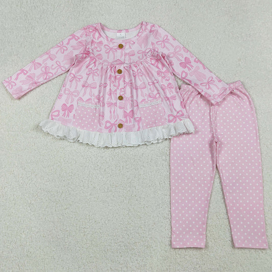 Baby Girls Clothes Pink Bows Plaid Button Pockets Ruffle Tunic Polka Dots Leggings Clothes Sets GLP2723 10.1