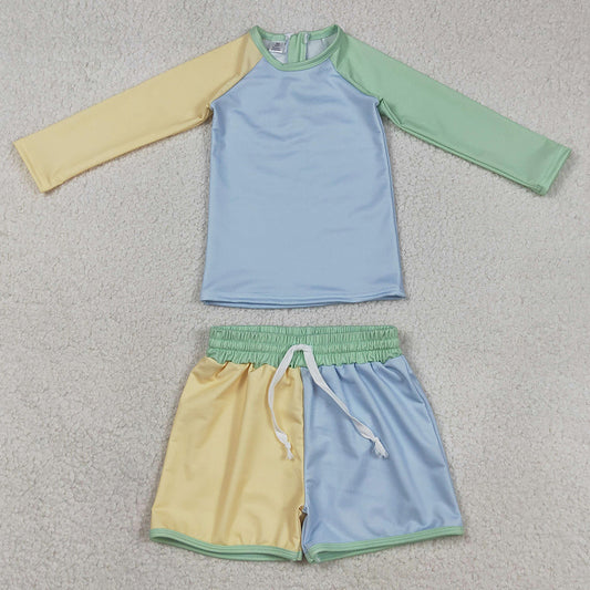 Baby Boys Swimsuits Long Sleeve Yellow Aqua Blue Shirts Top Shorts Swimsuits S0634