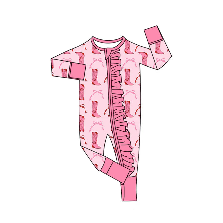 Preorder (moq 8)Baby Girls Pink Bows Boots Ruffle Zipper Footie Rompers 9.22