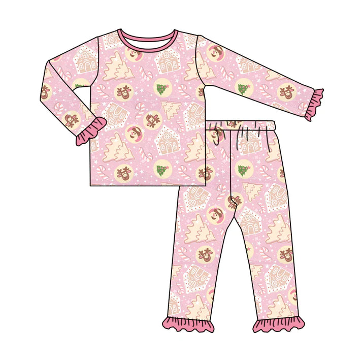 Preorder (moq 5)Baby Girls Pink Long Ruffle Sleeves Deer Trees Plaid Top Pant Pajamas Sets 6.11