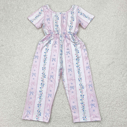 Baby Girls Jumpsuits Pink Short Sleeves Bows Floral Pockets Jumpsuits SR2941 4.9