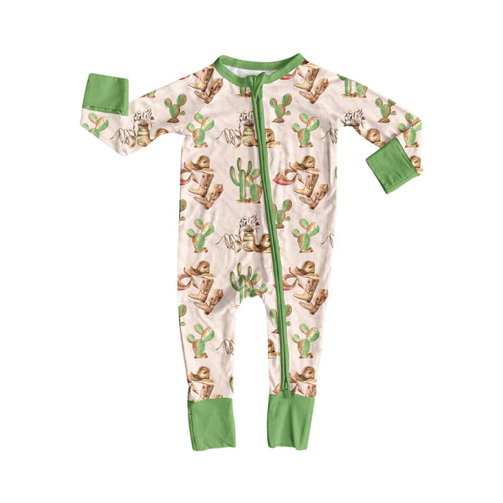 Preorder(moq 5)Baby Boys Western Boots Cactus Cowboys Rodeo Zipper Footie Rompers 8.8