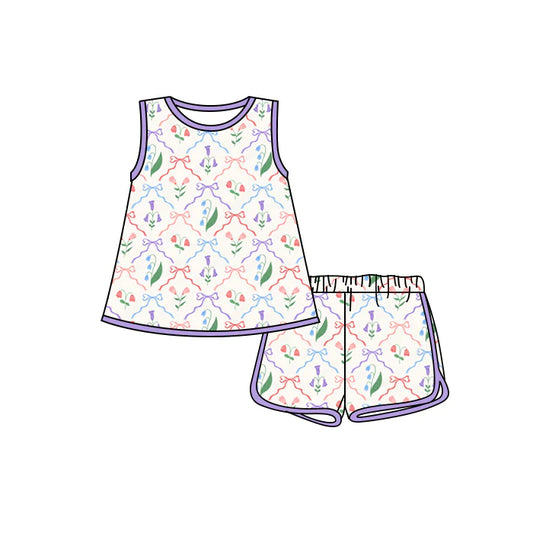 Preorder moq 5 Baby Girls Purple Sleeveless Bows Flowers Tunic Short Set 4.17