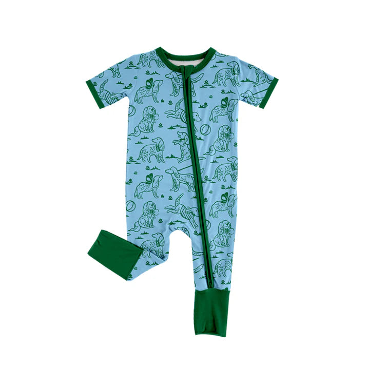 Preorder moq 5 Baby Infant Boys Green Short Sleeves Balls Dogs Plaid Zipper Romper 7.15