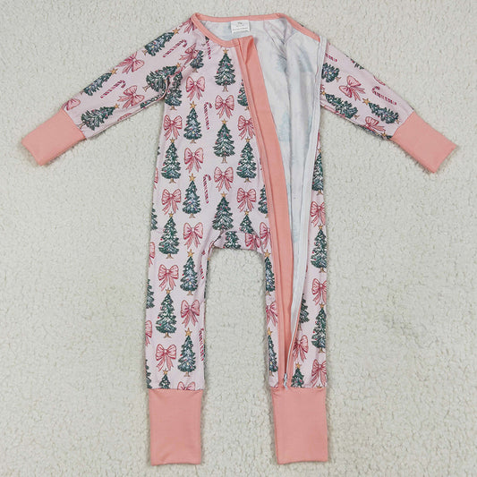 Baby Girls Rompers Christmas Tree Pink Bows Zipper Footie Rompers LR2283 7.9