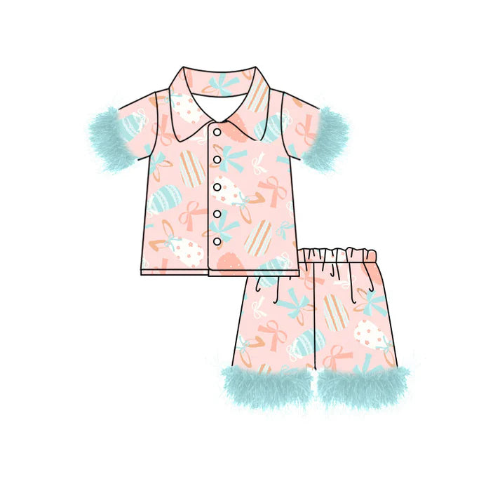 Preorder (moq 8)Baby Girls Bows Eggs Button Top Shorts Easter Fur Pajamas Sets 9.17