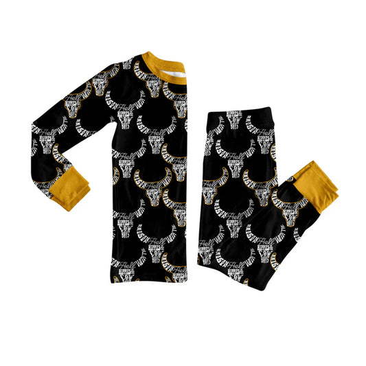 Preorder (moq 5)Baby Boys Black Bull Skulls Cowboys Top Pants Western Pajamas Sets 12.6