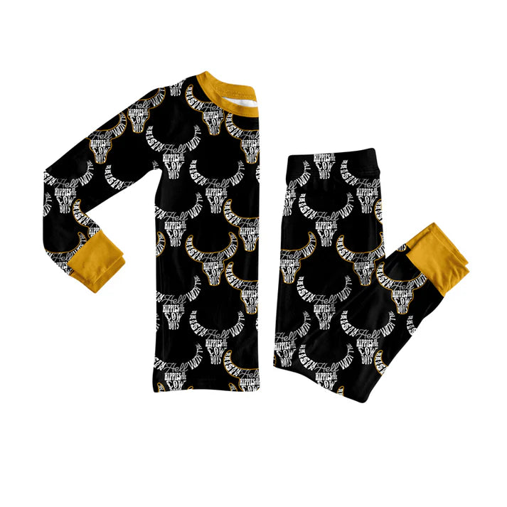 Preorder (moq 5)Baby Boys Black Bull Skulls Cowboys Top Pants Western Pajamas Sets 12.6