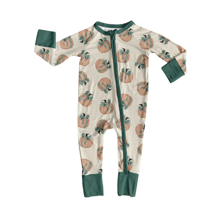 Preorder moq 5 Baby Infant Boys Long Sleeves Green Bows Pumpkins Plaid Zipper Romper 7.15