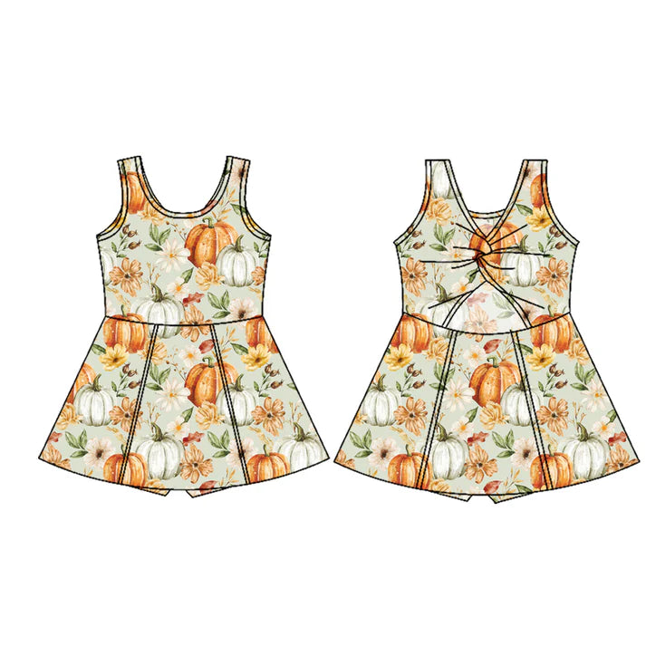 Preorder (moq 5)Baby Girls Sleeveless Flowers Pumpkins Shorts Knee Length Dresses 7.17
