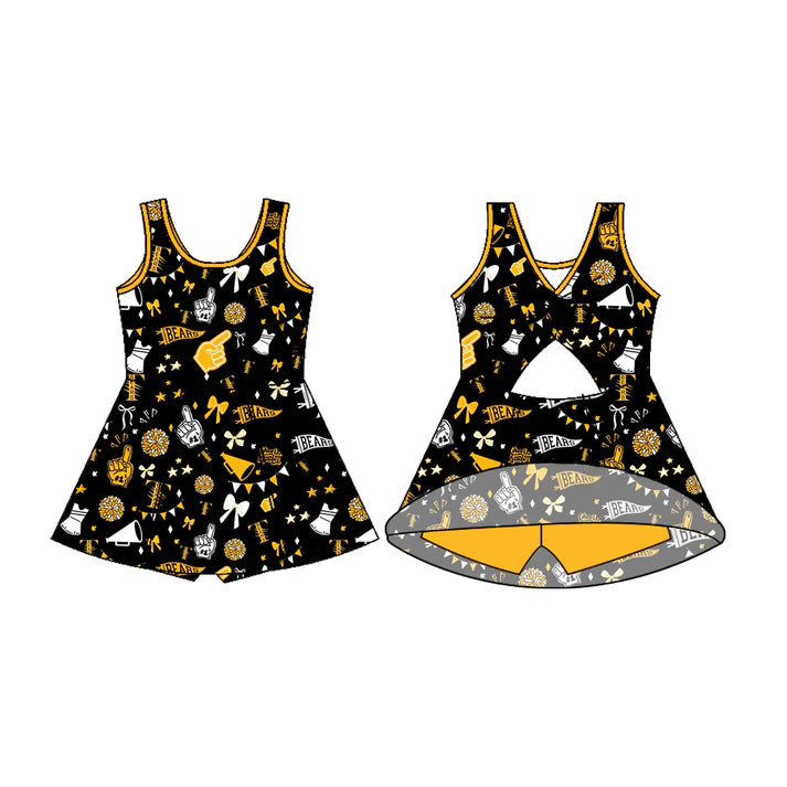 Preorder (moq 5)Baby Girls Sleeveless Black Bears Bow Team Shorts Team Dresses 7.17