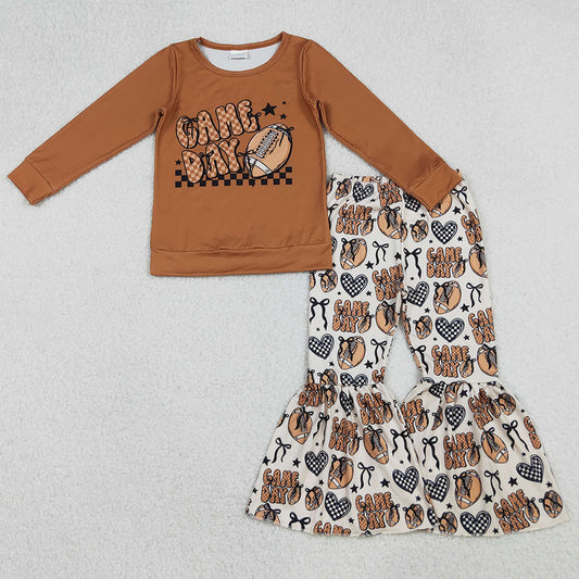 Baby Girls Clothes Brown Game Day Footballs Top Bell Bottom Pant Team Clothes Set GLP2721 10.3