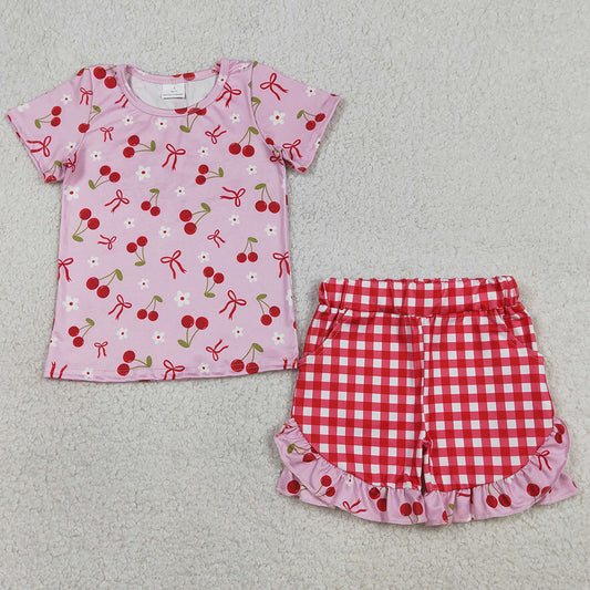 Baby Girls Clothes Cherry Flowers Top Checked Ruffle Shorts Clothes Sets GSSO3470