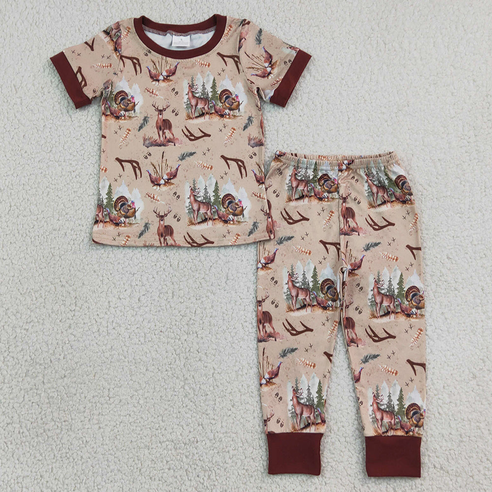 Baby Boys Clothes Short Sleeve Deer Turkey Top Pants Hunting Pajamas Sets BSPO0494