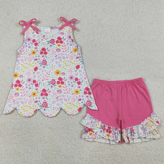 Baby Girls Clothes Sleeveless Colorful Flowers Tunic Ruffle Shorts Clothes Sets GSSO3391