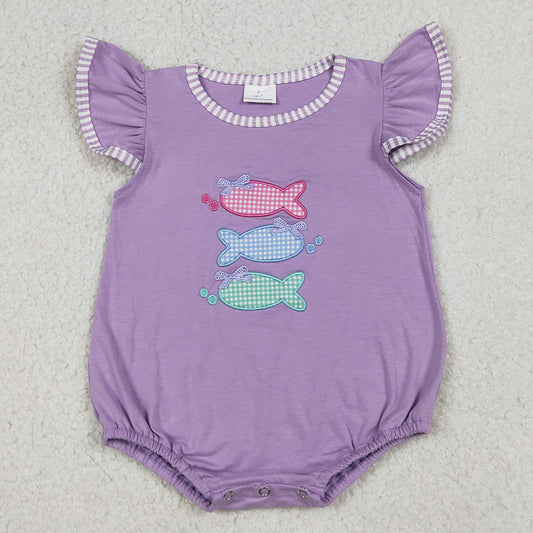 Baby Girls Rompers Embroidery Fishes Flutter Sleeve Hunting Ruffle Rompers SR4006