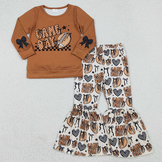 Baby Girls Clothes Brown Game Day Footballs Top Bell Bottom Pant Team Clothes Set GLP2721 10.3