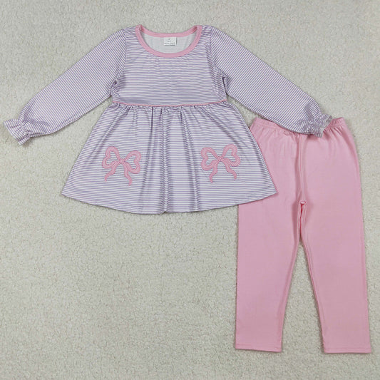 Embroidery Baby Girls Clothes Lavender Stripe Bows Tunic Legging Pant Set GLP2696 10.2