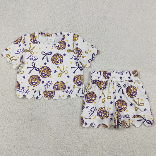 Baby Girls Clothes Bows LSU Tigers Top Shorts Team Scallop Clothes Sets GSSO3256