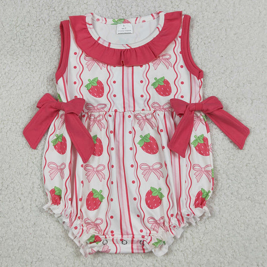 Baby Girls Rompers Sleeveless Strawberry Bows Stripe Ruffle Rompers SR4011