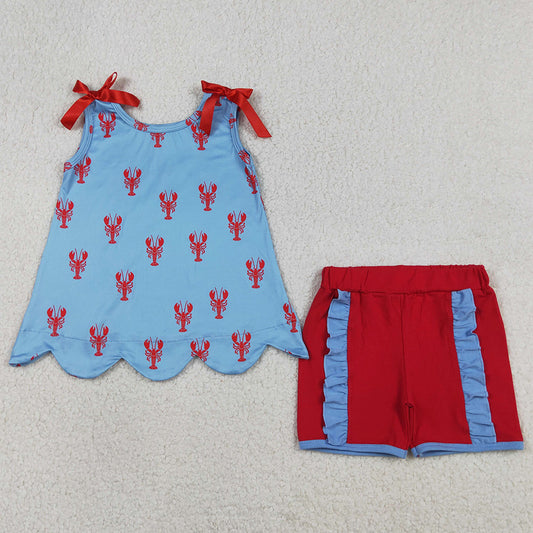 Baby Girls Clothes Sleeveless Crayfishes Scallop Tunic Ruffle Shorts Clothes Sets GSSO3050