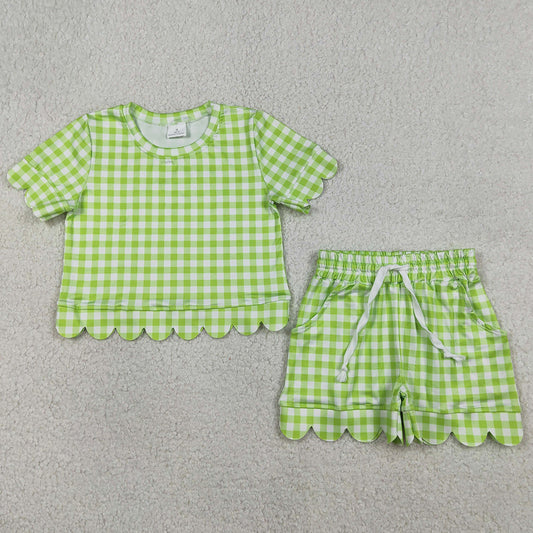 Baby Girls Clothes Short Sleeve Green Checked Shirt Shorts Scallop Clothes Sets GSSO3189