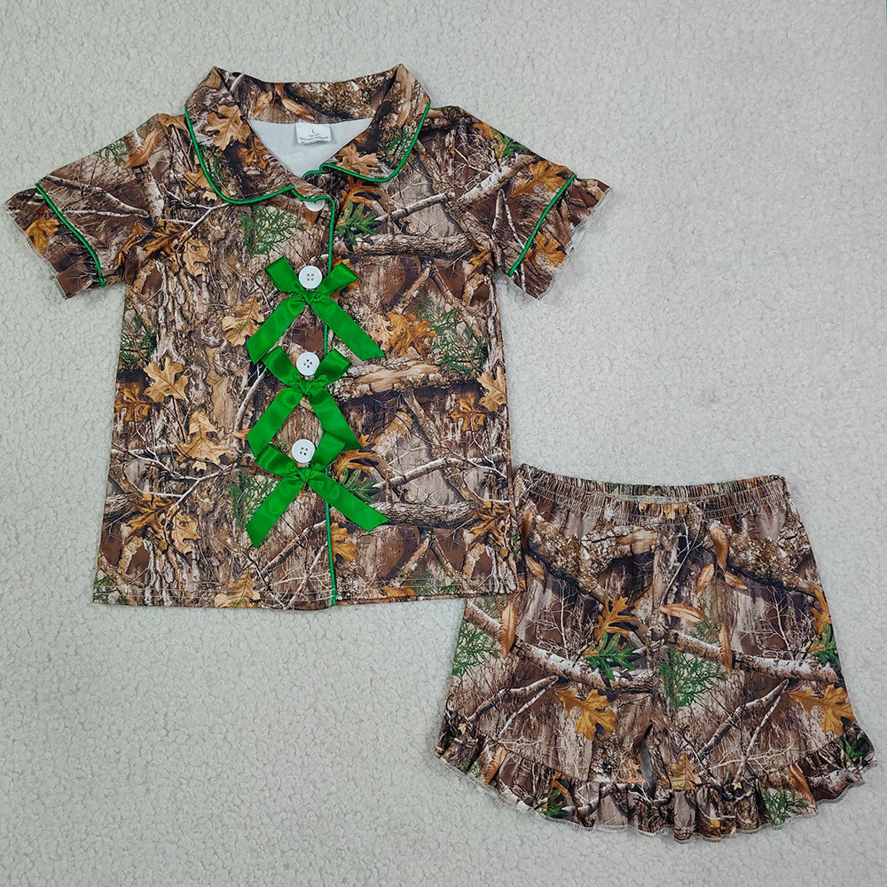 Baby Girls Pajamas Southern Leaves Camo Button Top Ruffle Shorts Hunting Pajamas Sets GSSO3365