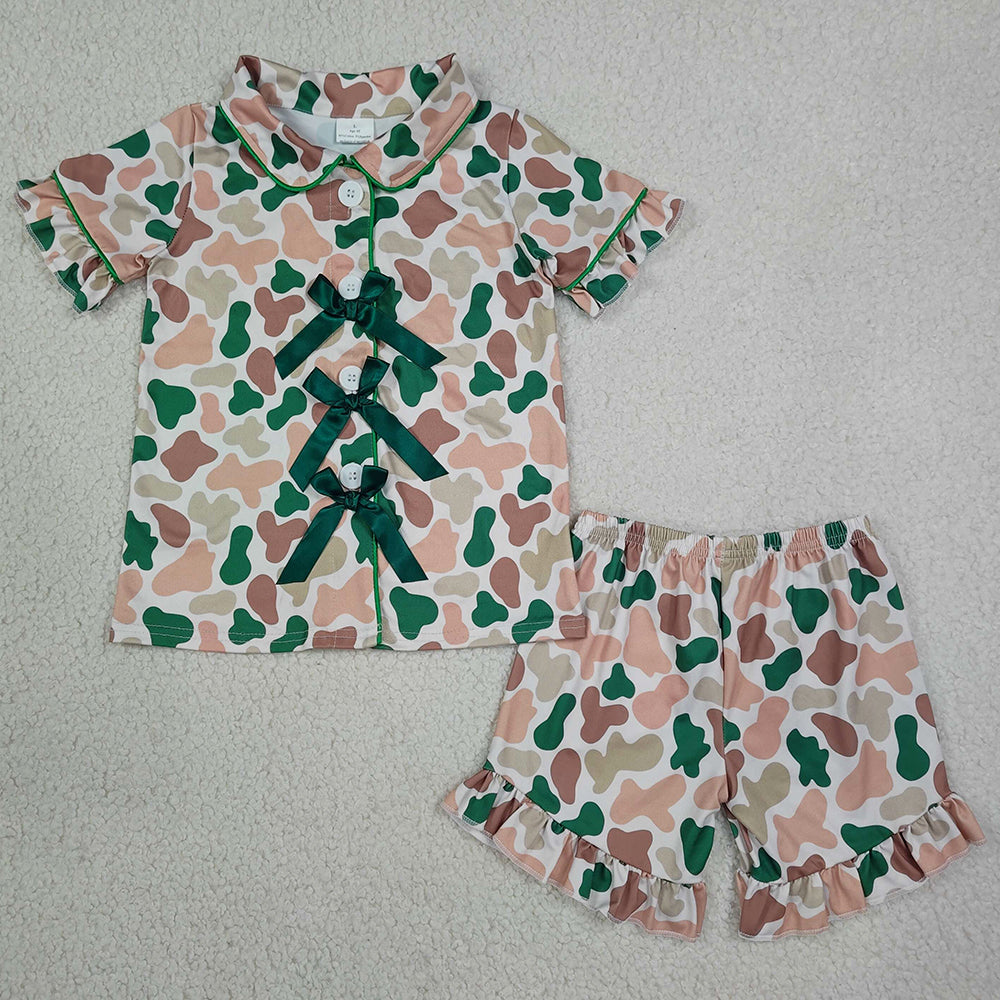 Baby Girls Pajamas Khaki Green Camo Bows Button Top Ruffle Shorts Pajamas Sets GSSO3367
