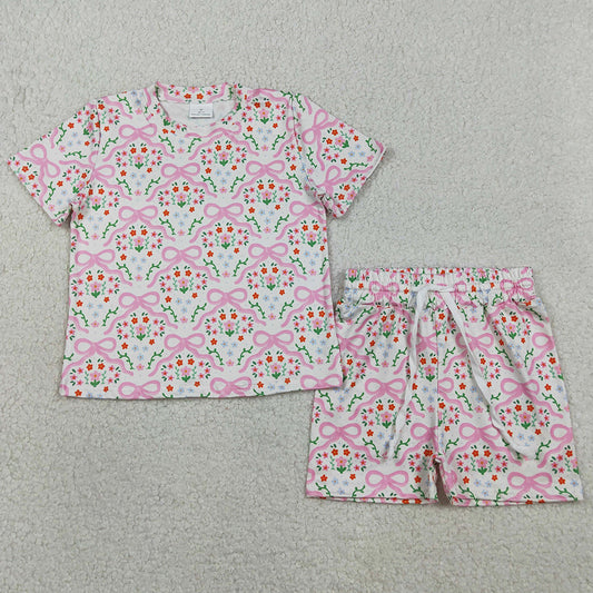 Baby Girls Clothes Short Sleeve Bows Flowers Checked Top Shorts Slouchy Set GSSO3379